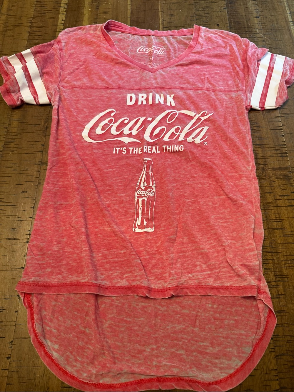 Coca Cola Women's Heathered red  V-Neck Tee with White Logo burnout